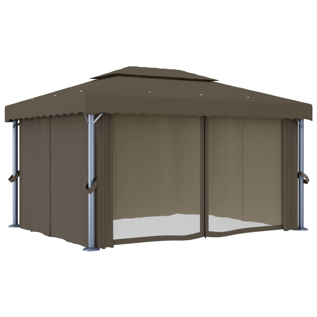 Prieel met gordijn en LED-lichtslinger 4x3 m taupe is nu te koop bij PeponiXL, paradijselijk wonen!
