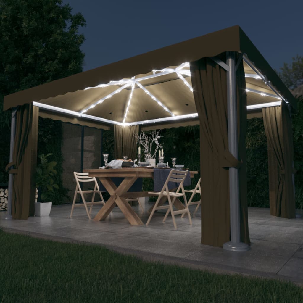Prieel met gordijn en LED-lichtslinger 4x3 m taupe is nu te koop bij PeponiXL, paradijselijk wonen!
