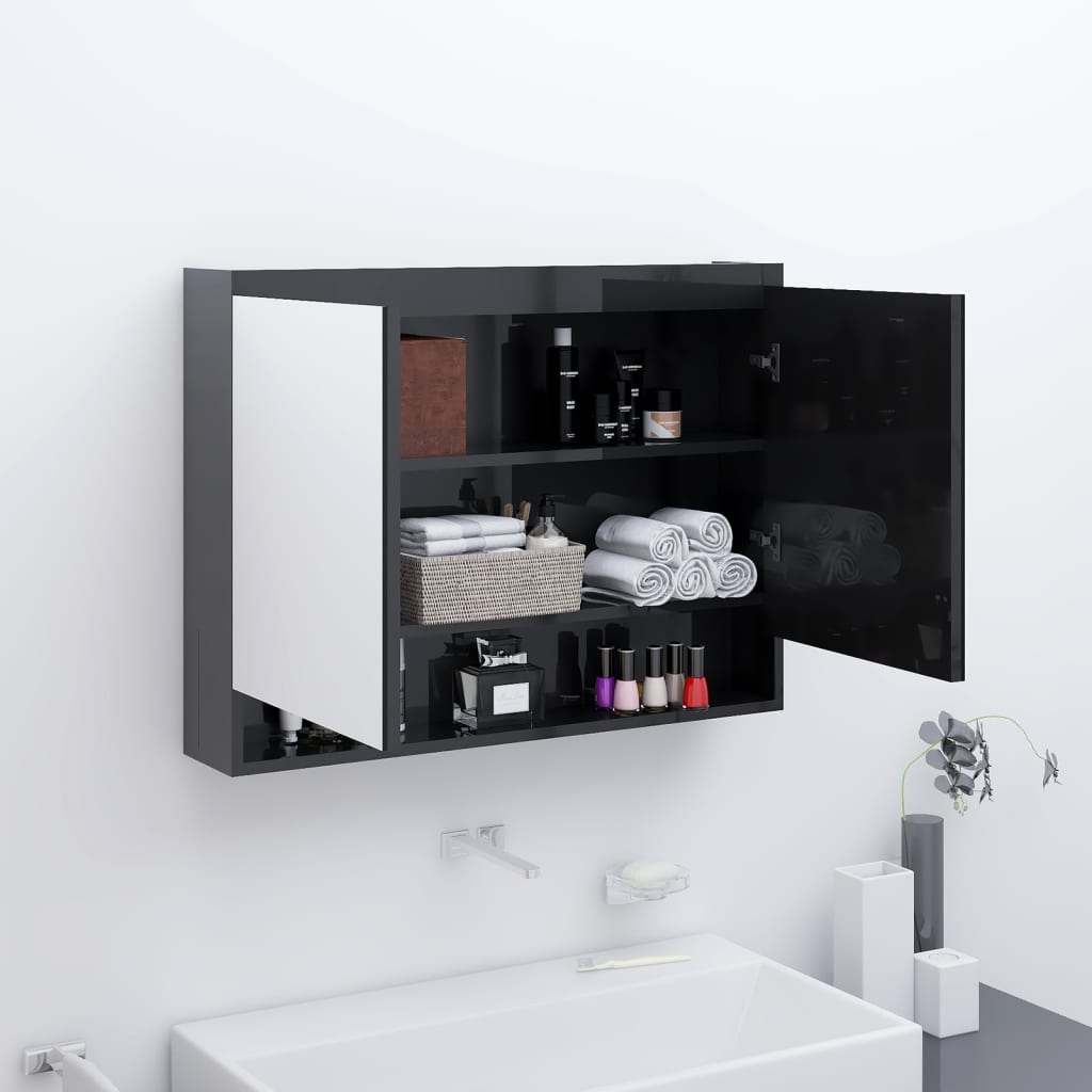 Badkamerkast met spiegel 80x15x60 cm MDF glanzend zwart is nu te koop bij PeponiXL, paradijselijk wonen!
