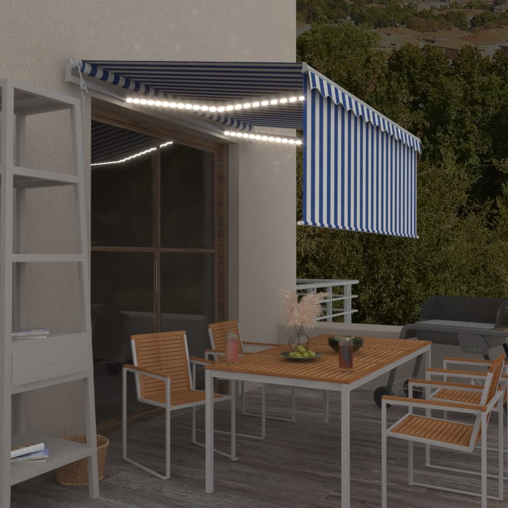 Luifel met rolgordijn, LED en windsensor 3x2,5 m blauw en wit is nu te koop bij PeponiXL, paradijselijk wonen!