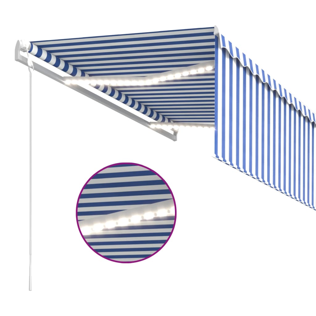 Luifel met rolgordijn, LED en windsensor 3,5x2,5 m blauw en wit is nu te koop bij PeponiXL, paradijselijk wonen!