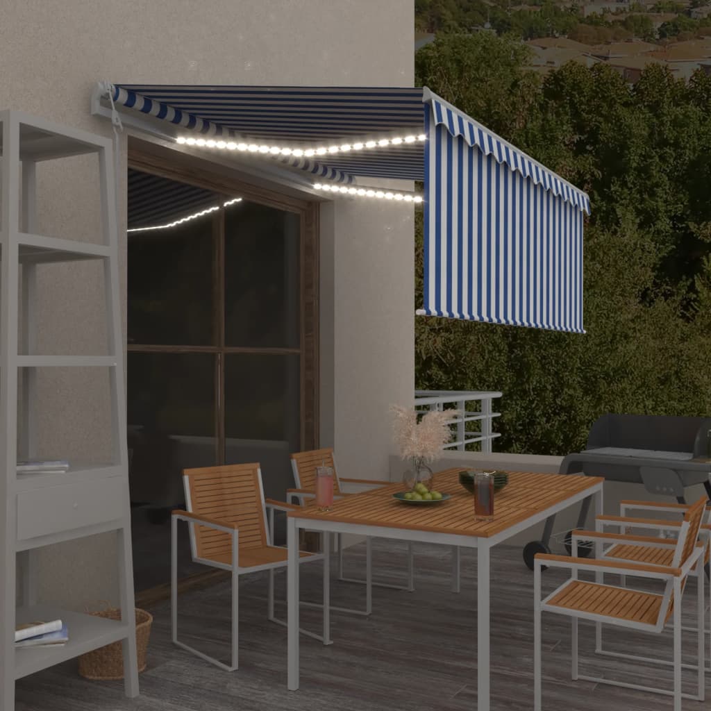 Luifel met rolgordijn, LED en windsensor 3,5x2,5 m blauw en wit is nu te koop bij PeponiXL, paradijselijk wonen!