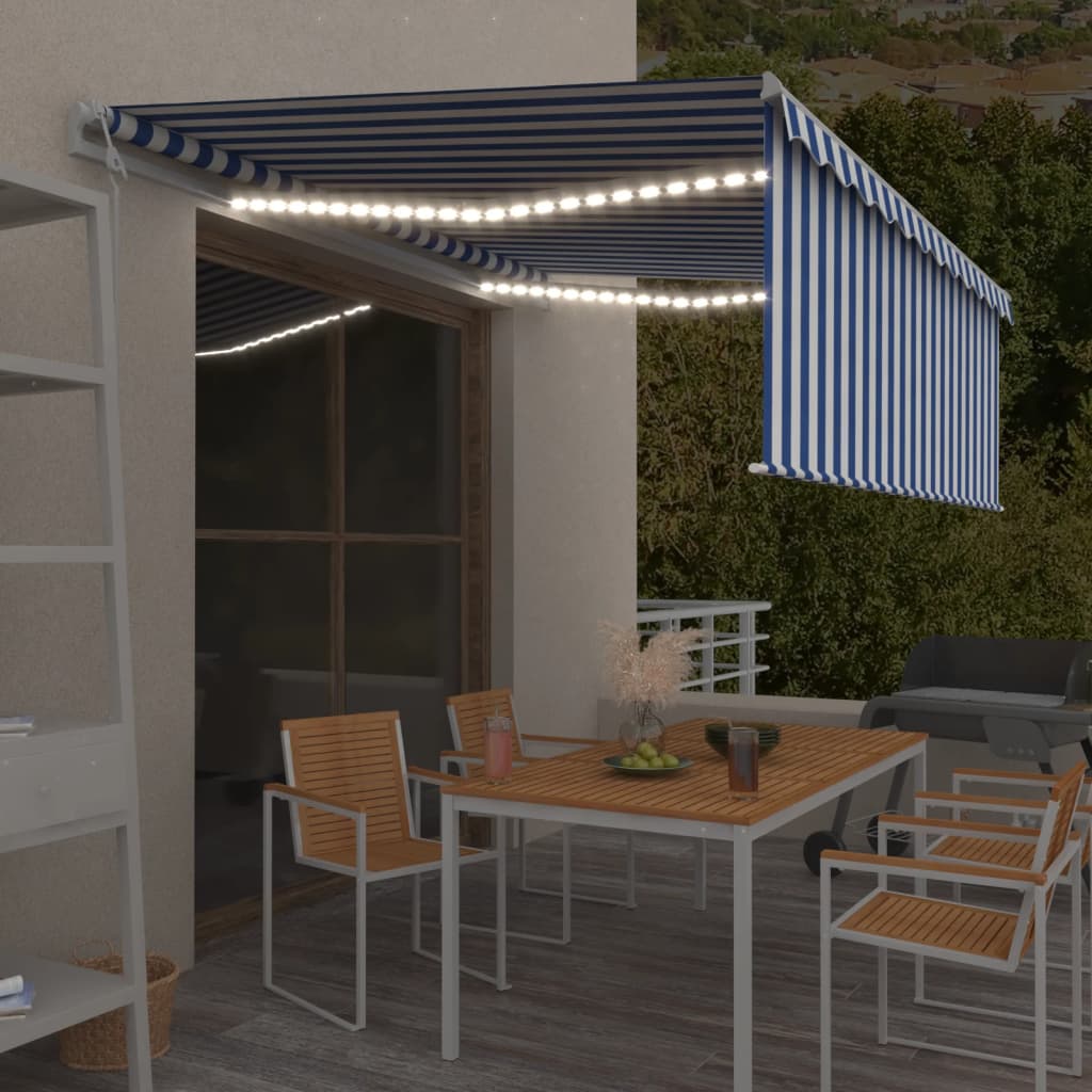 Luifel automatisch rolgordijn LED windsensor 4x3 m blauw en wit is nu te koop bij PeponiXL, paradijselijk wonen!