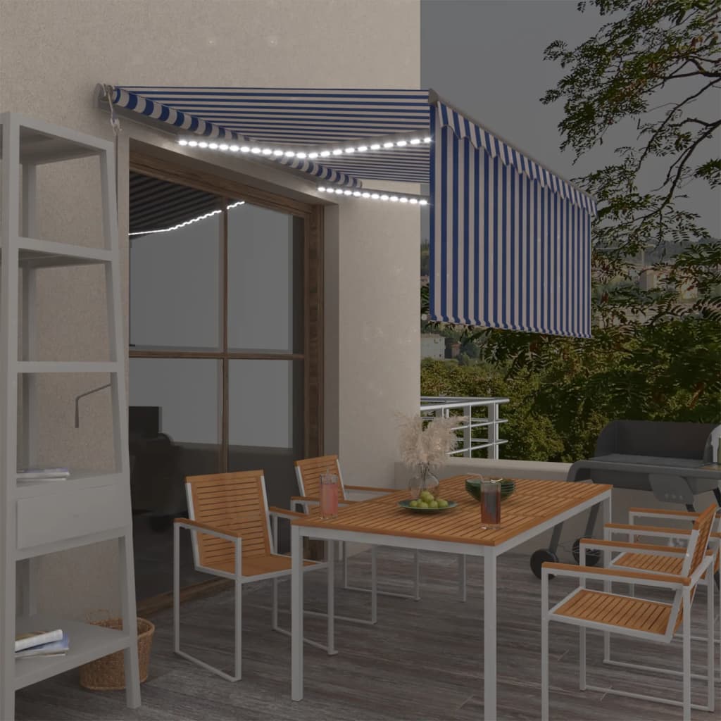 Luifel automatisch met gordijn LED windsensor 3x2,5 m blauw wit is nu te koop bij PeponiXL, paradijselijk wonen!