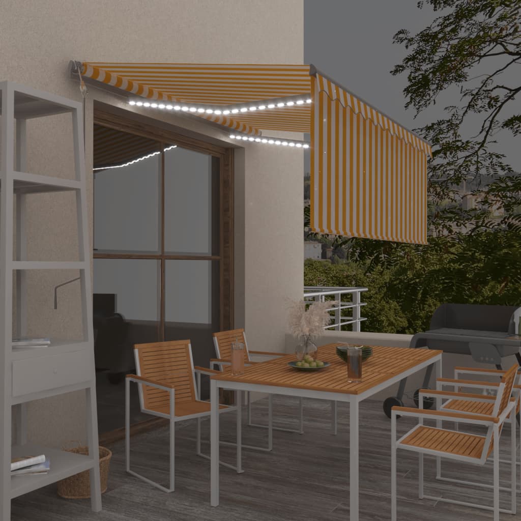 Luifel automatisch rolgordijn LED windsensor 3,5x2,5 m geel wit is nu te koop bij PeponiXL, paradijselijk wonen!
