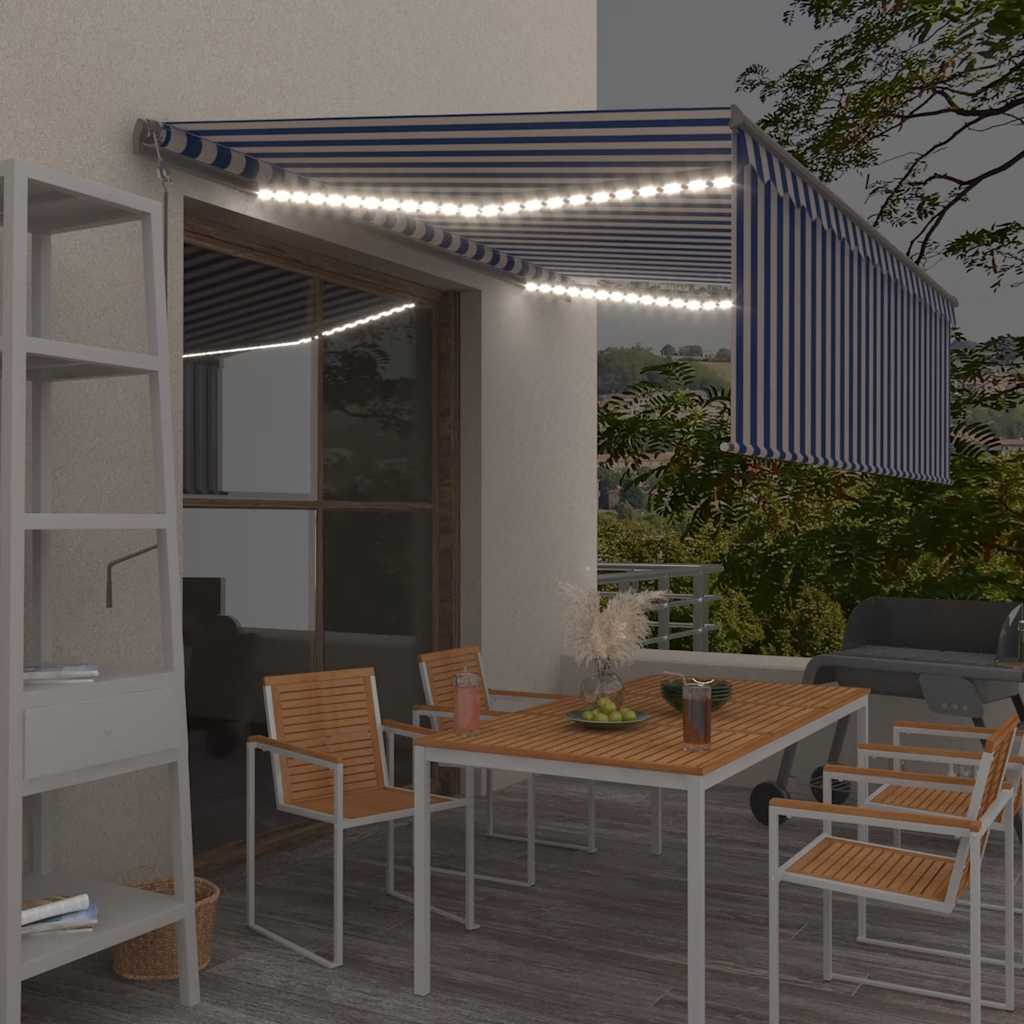 Luifel automatisch rolgordijn LED windsensor 4x3 m blauw en wit is nu te koop bij PeponiXL, paradijselijk wonen!