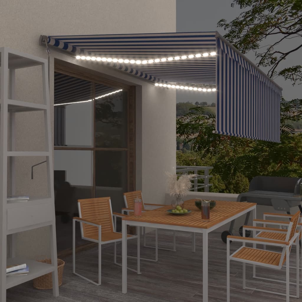 Luifel met rolgordijn, LED en windsensor 4,5x3 m blauw en wit is nu te koop bij PeponiXL, paradijselijk wonen!