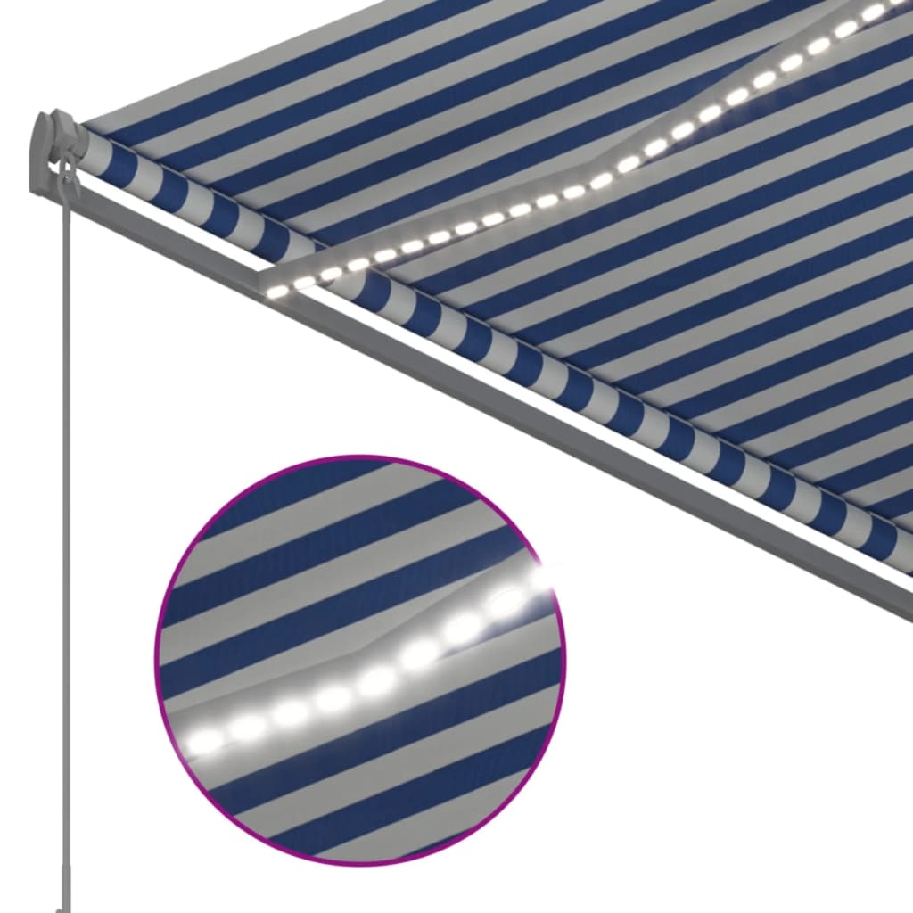 Luifel automatisch met LED en windsensor 3,5x2,5 m blauw en wit