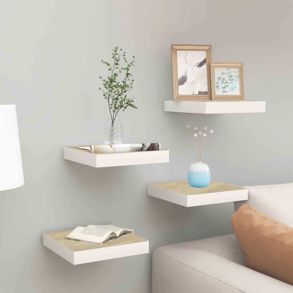 Wandschappen zwevend 4 st 23x23,5x3,8 cm MDF eikenkleurig wit is nu te koop bij PeponiXL, paradijselijk wonen!