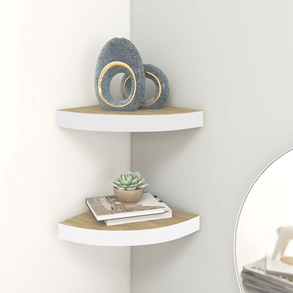 Hoekwandschappen 2 st 25x25x3,8 cm MDF eikenkleurig en wit is nu te koop bij PeponiXL, paradijselijk wonen!