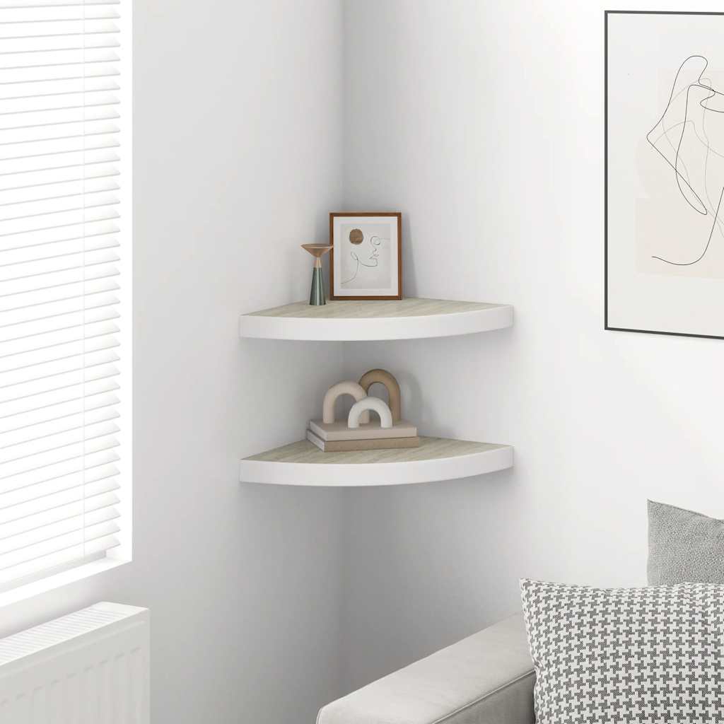 Hoekwandschappen 2 st 35x35x3,8 cm MDF eikenkleurig en wit is nu te koop bij PeponiXL, paradijselijk wonen!