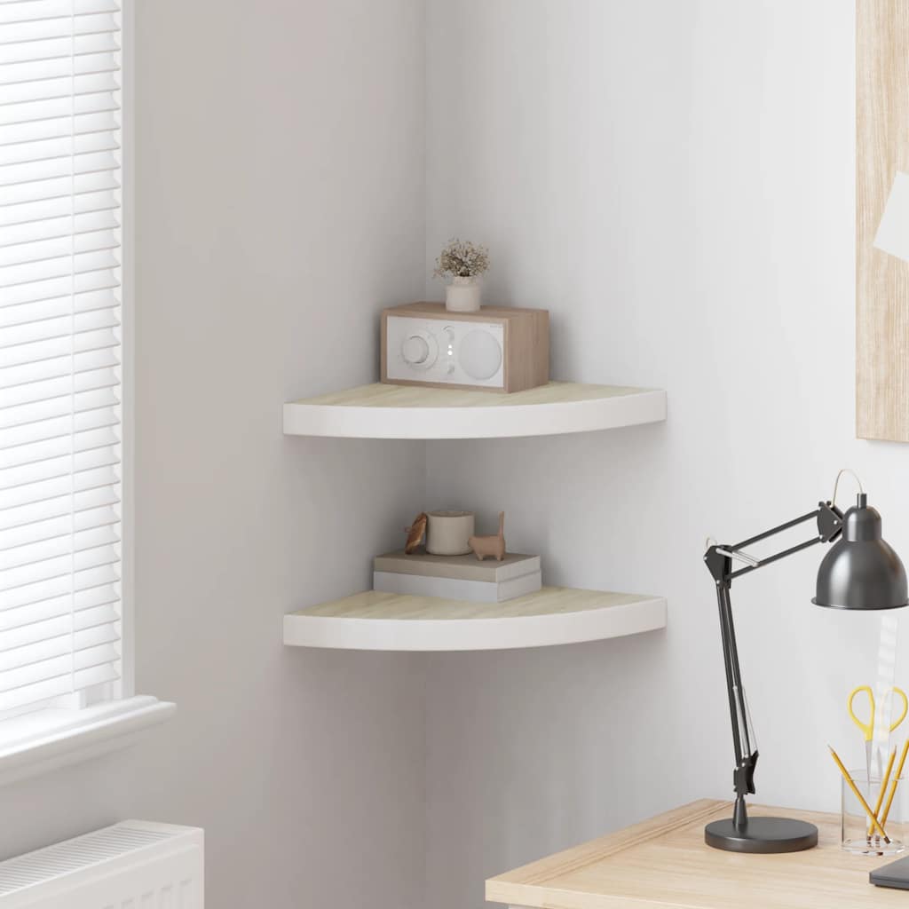 Hoekwandschappen 2 st 35x35x3,8 cm MDF eikenkleurig en wit is nu te koop bij PeponiXL, paradijselijk wonen!