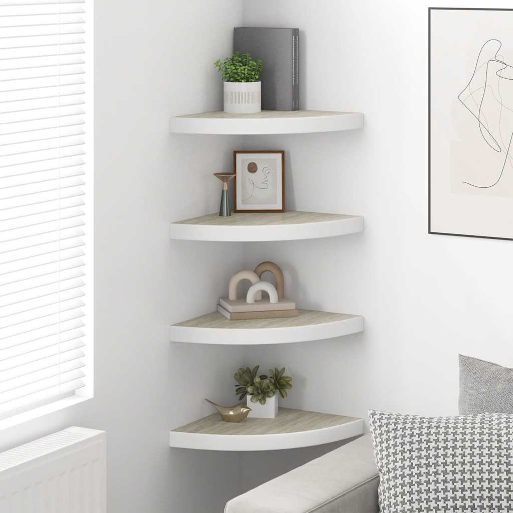 Hoekwandschappen 4 st 35x35x3,8 cm MDF eikenkleurig en wit is nu te koop bij PeponiXL, paradijselijk wonen!