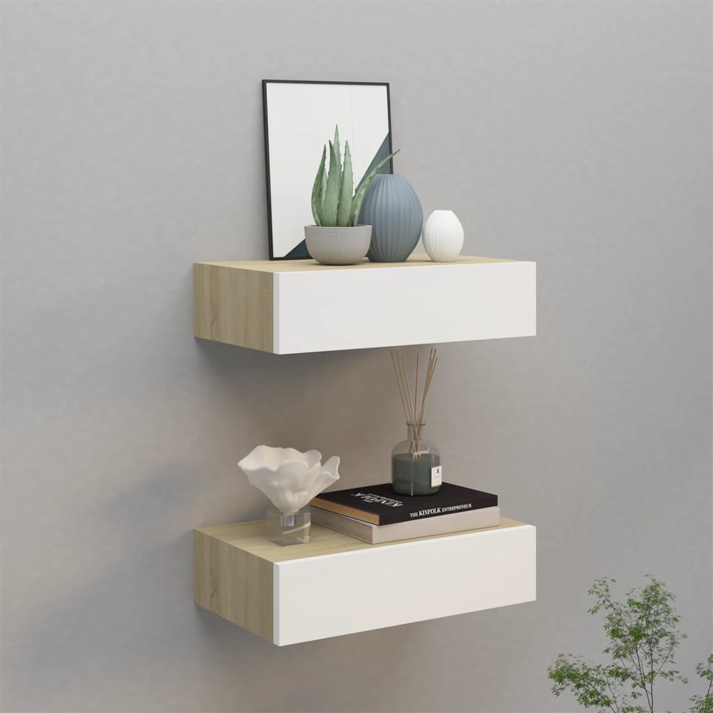 Wandschappen 2 st met lade 40x23,5x10 cm MDF eikenkleur en wit is nu te koop bij PeponiXL, paradijselijk wonen!