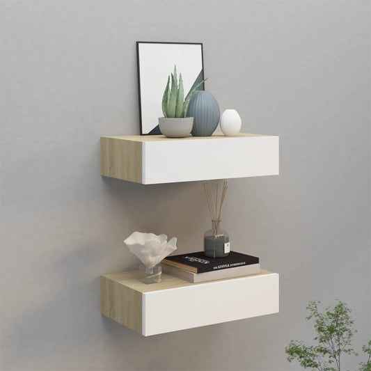 Wandschappen 2 st met lade 40x23,5x10 cm MDF eikenkleur en wit is nu te koop bij PeponiXL, paradijselijk wonen!