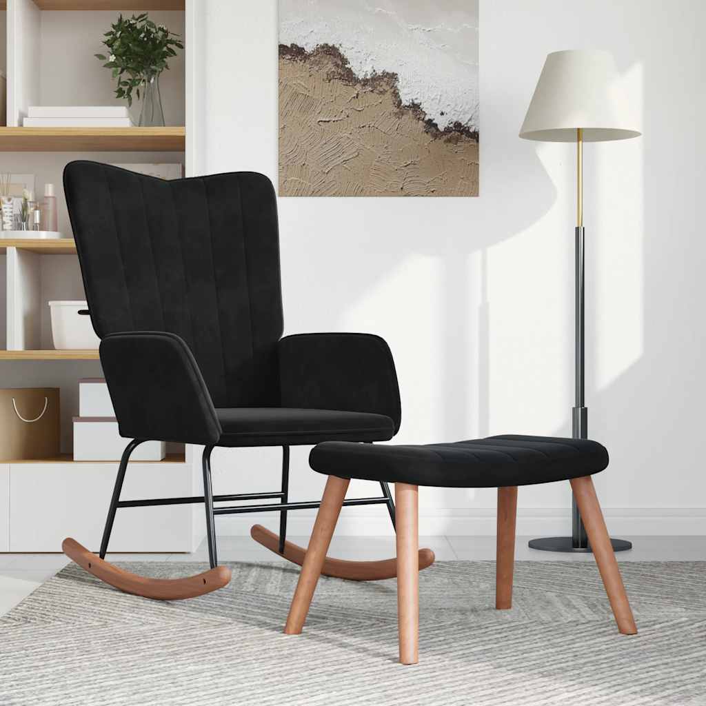 Schommelstoel met voetenbank fluweel zwart is nu te koop bij PeponiXL, paradijselijk wonen!