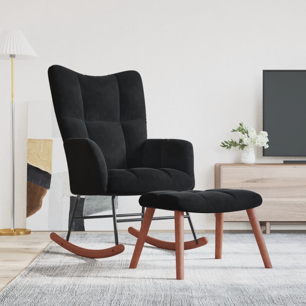Schommelstoel met voetenbank fluweel zwart is nu te koop bij PeponiXL, paradijselijk wonen!