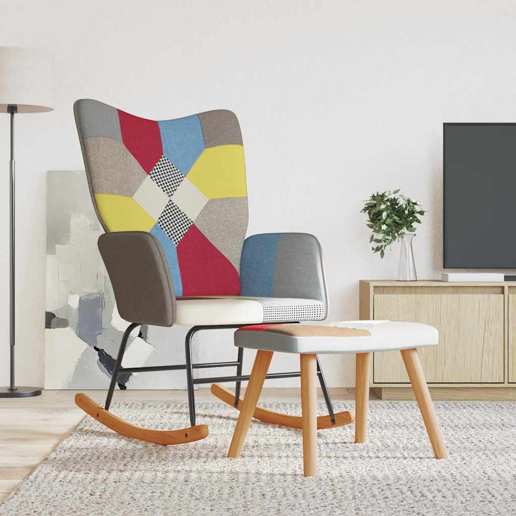 Schommelstoel met voetenbank patchwork stof is nu te koop bij PeponiXL, paradijselijk wonen!