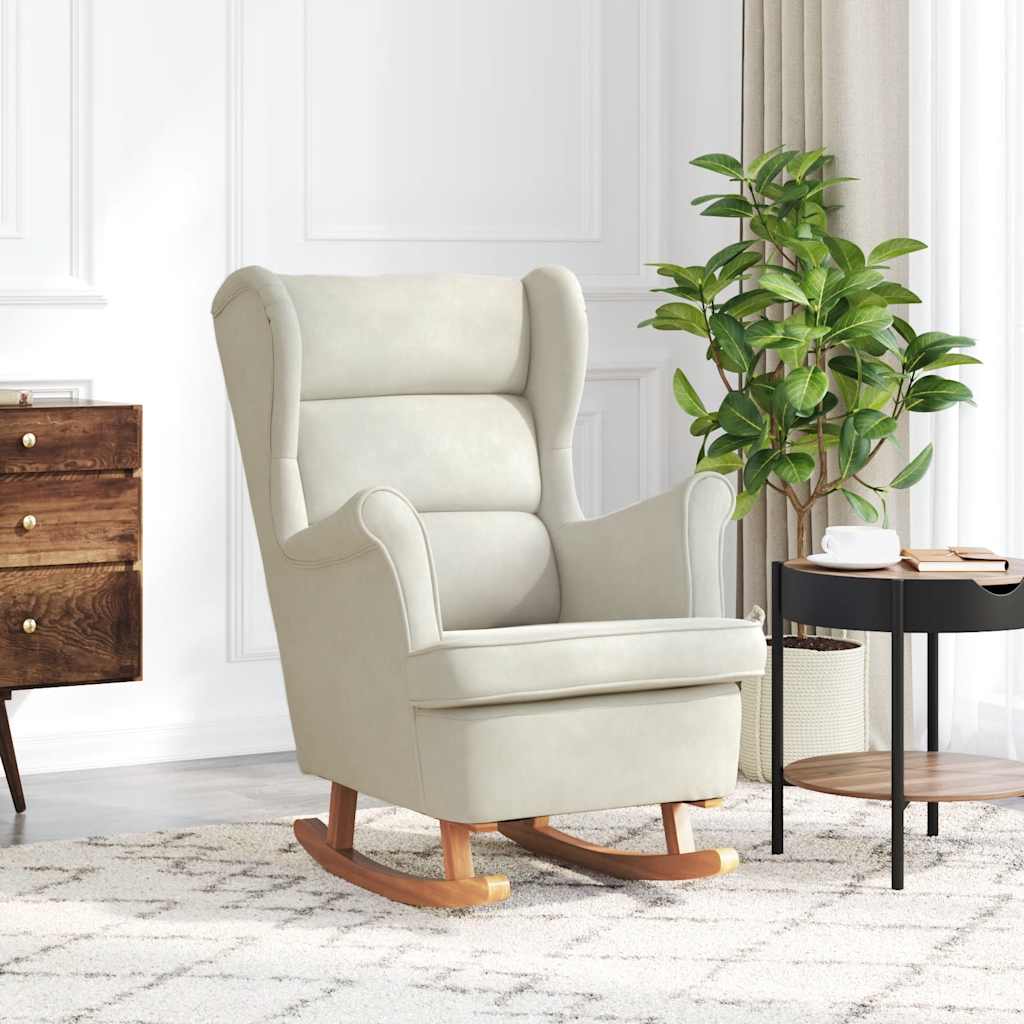 Schommelstoel met oorleuning crèmekleurig fluweel massief hout is nu te koop bij PeponiXL, paradijselijk wonen!