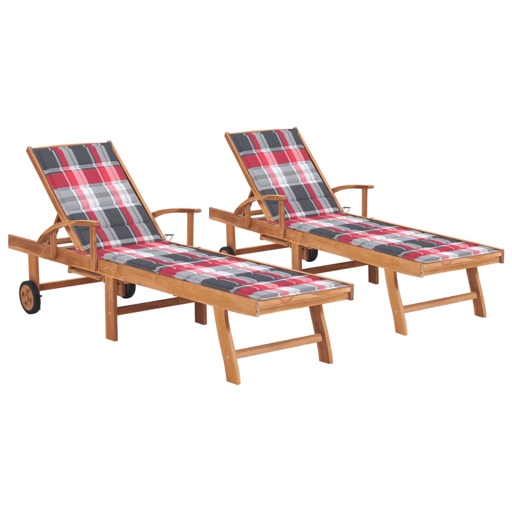Ligbedden 2 st met rood geruite kussens massief teakhout is nu te koop bij PeponiXL, paradijselijk wonen!