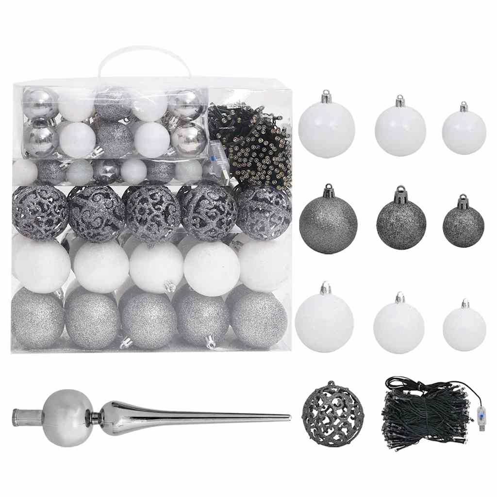 Kunstkerstboom met verlichting en kerstballen 240 cm PET zilver is nu te koop bij PeponiXL, paradijselijk wonen!