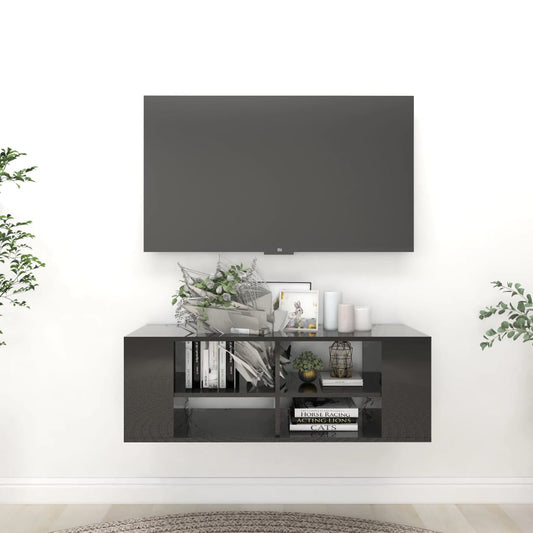 Tv-wandmeubel 102x35x35 cm bewerkt hout hoogglans zwart is nu te koop bij PeponiXL, paradijselijk wonen!