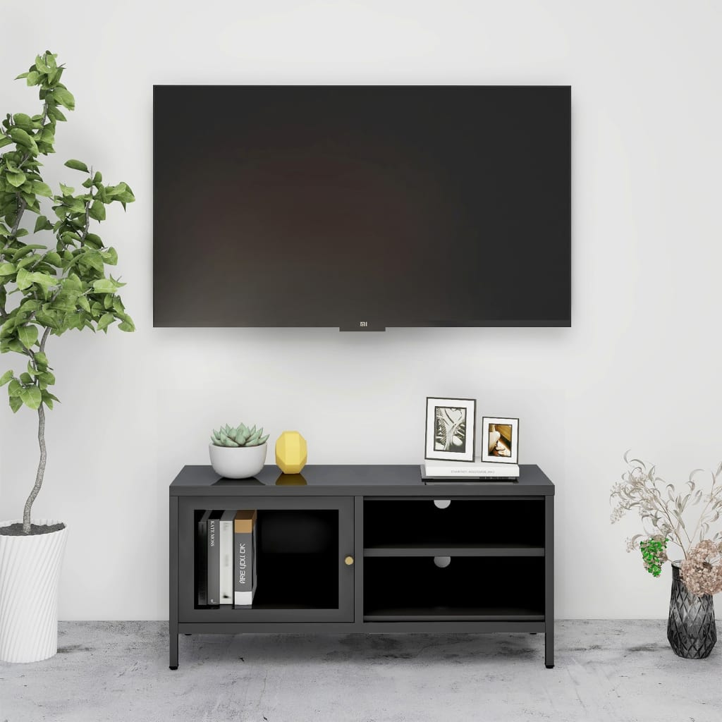 Tv-meubel 90x30x44 cm staal en glas antracietkleurig is nu te koop bij PeponiXL, paradijselijk wonen!