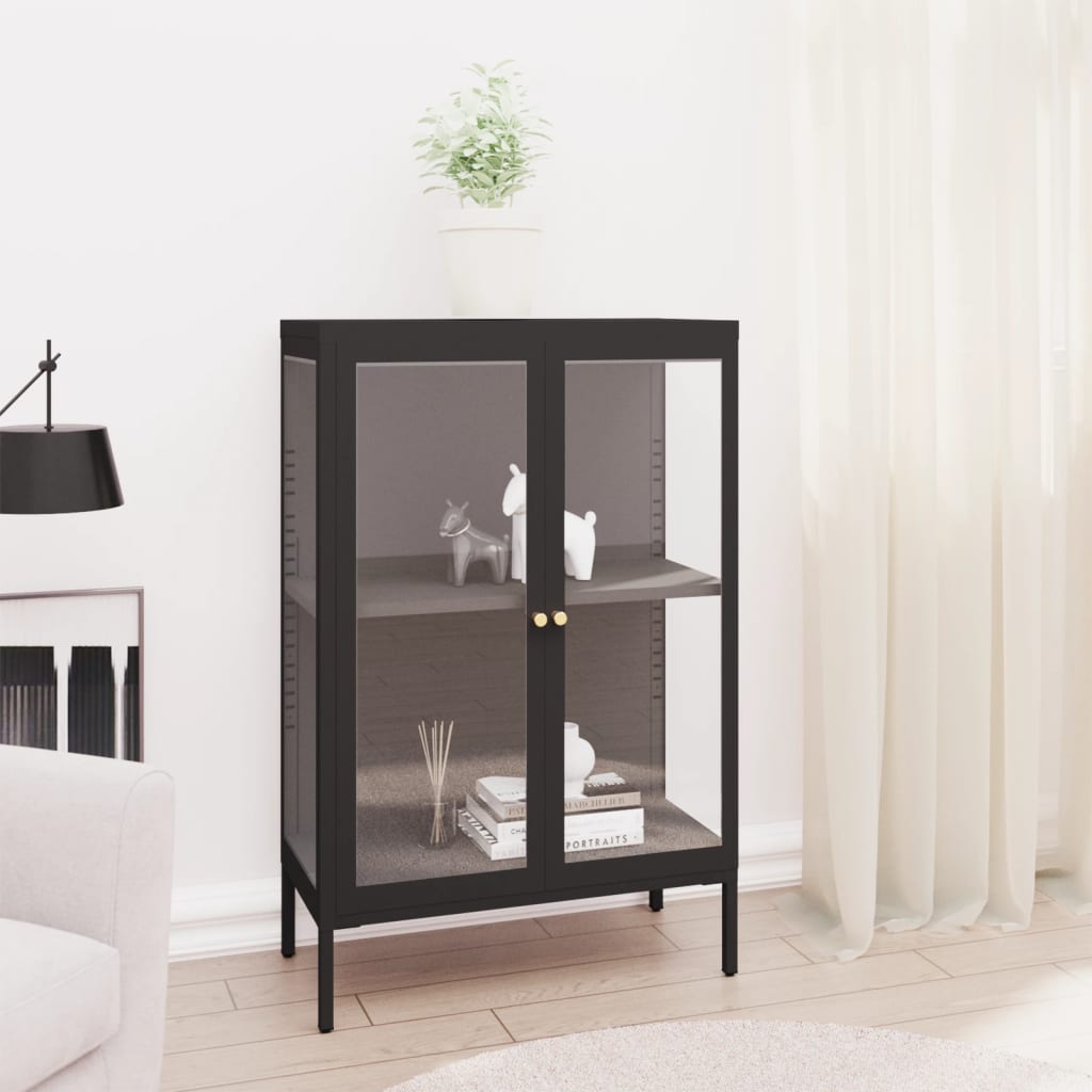 Dressoir 75x35x105 cm staal en glas zwart is nu te koop bij PeponiXL, paradijselijk wonen!