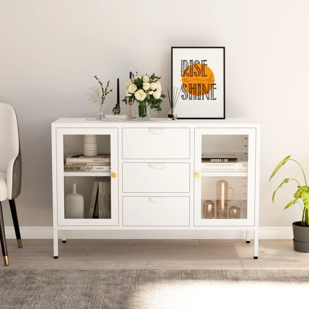 Dressoir 105x35x70 cm staal en gehard glas wit is nu te koop bij PeponiXL, paradijselijk wonen!