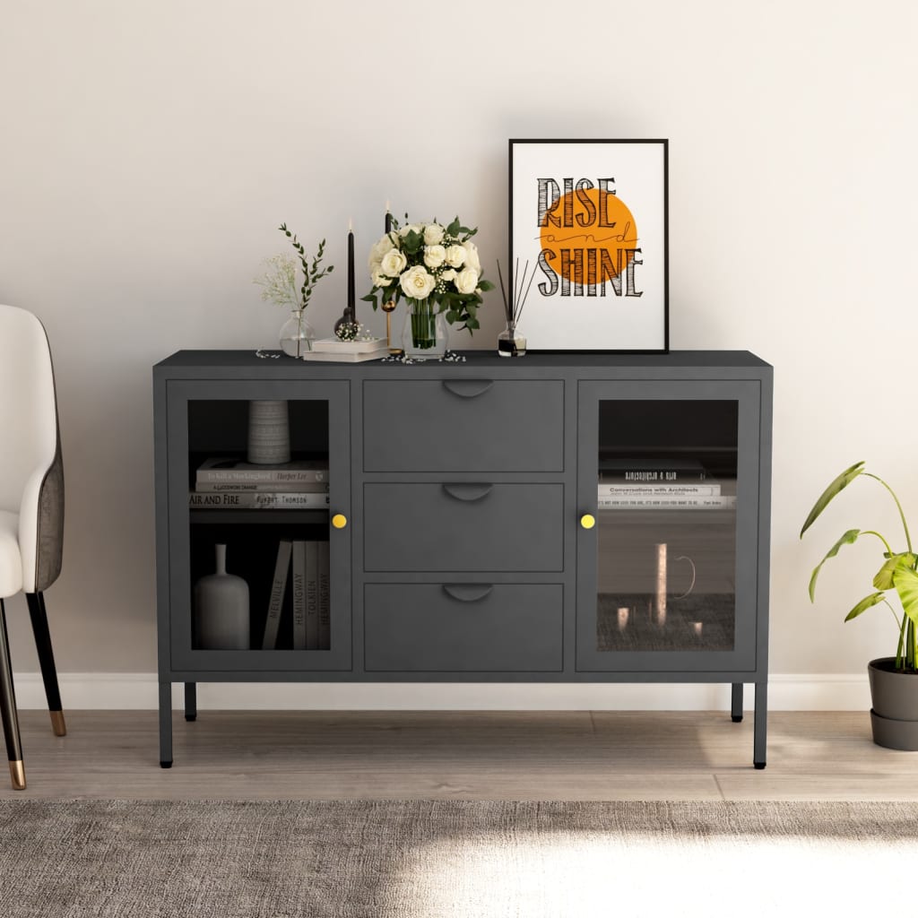 Dressoir 105x35x70 cm staal en gehard glas antracietkleurig is nu te koop bij PeponiXL, paradijselijk wonen!