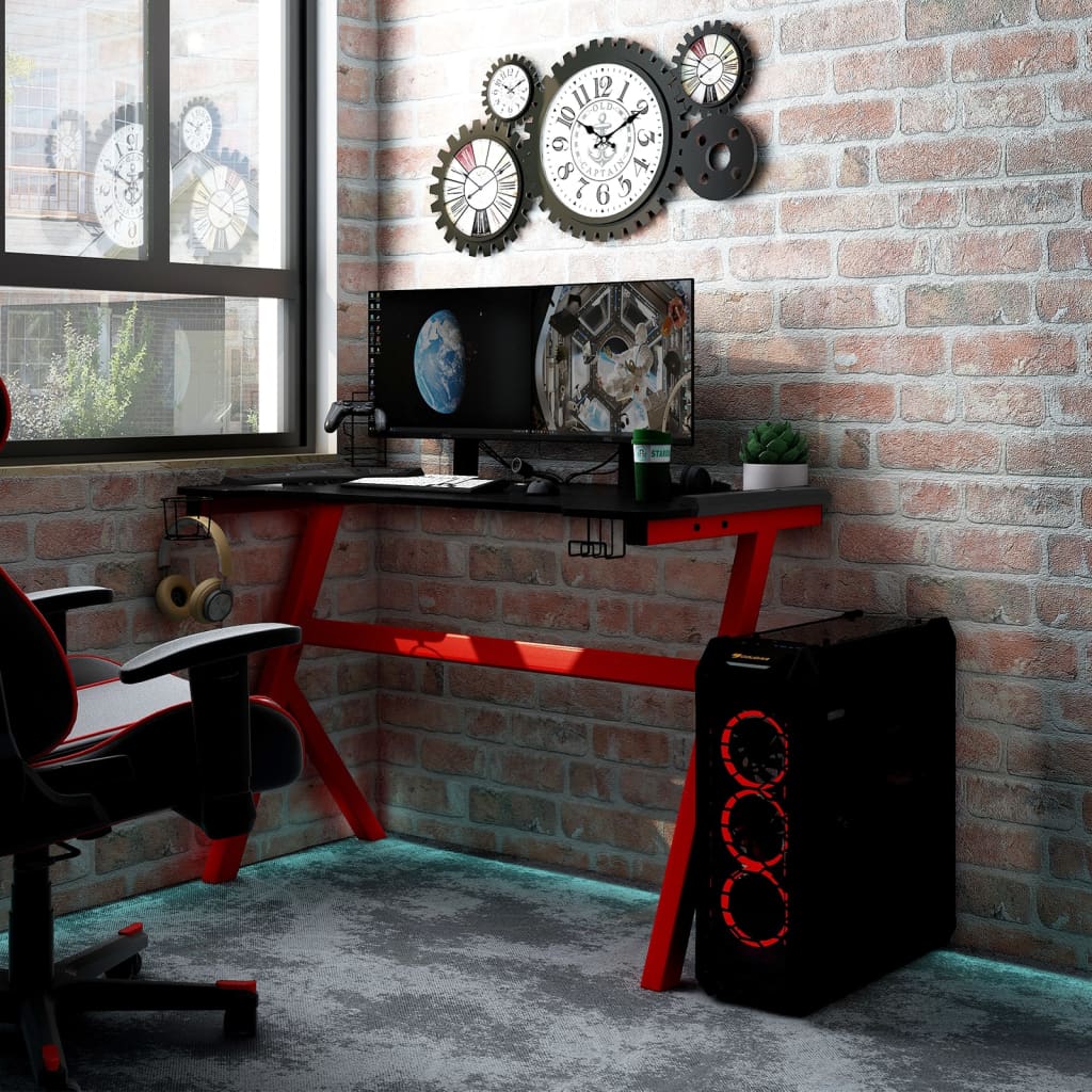 Gamingbureau met Y-vormige poten LED 110x60x75 cm zwart en rood is nu te koop bij PeponiXL, paradijselijk wonen!