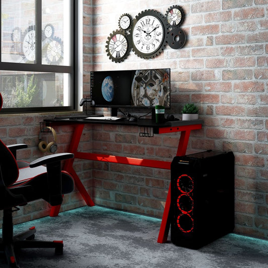 Gamingbureau met Y-vormige poten LED 110x60x75 cm zwart en rood is nu te koop bij PeponiXL, paradijselijk wonen!