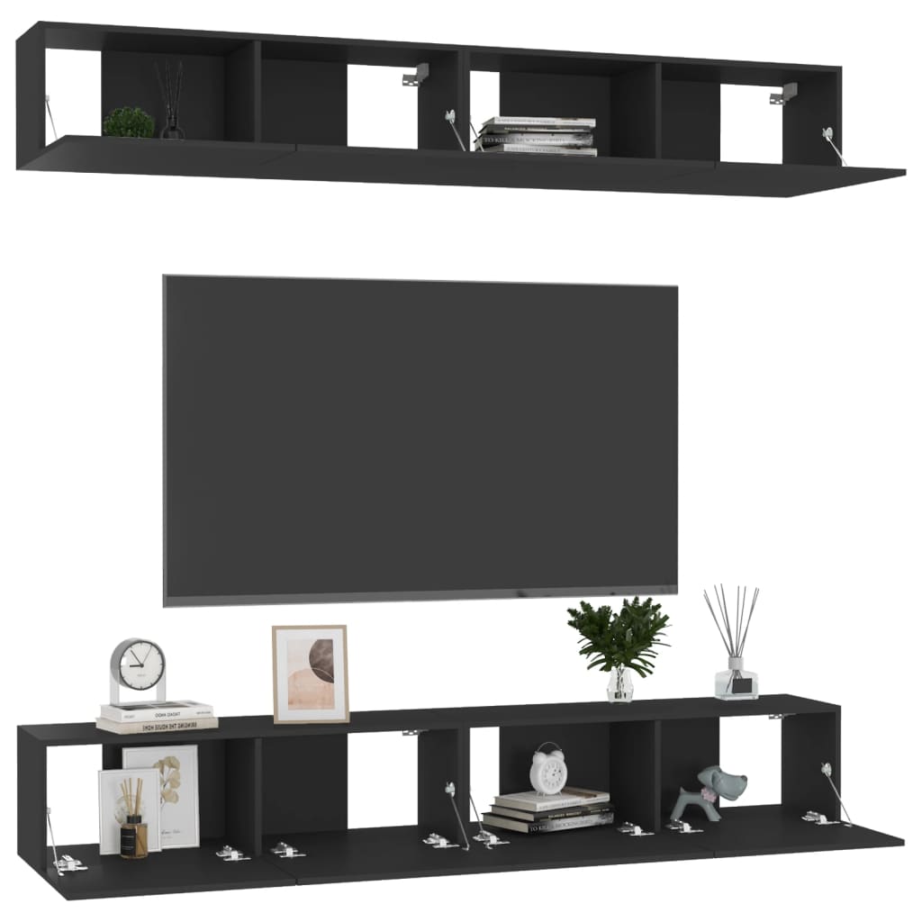 Tv-meubelen 4 st 100x30x30 cm bewerkt hout zwart is nu te koop bij PeponiXL, paradijselijk wonen!