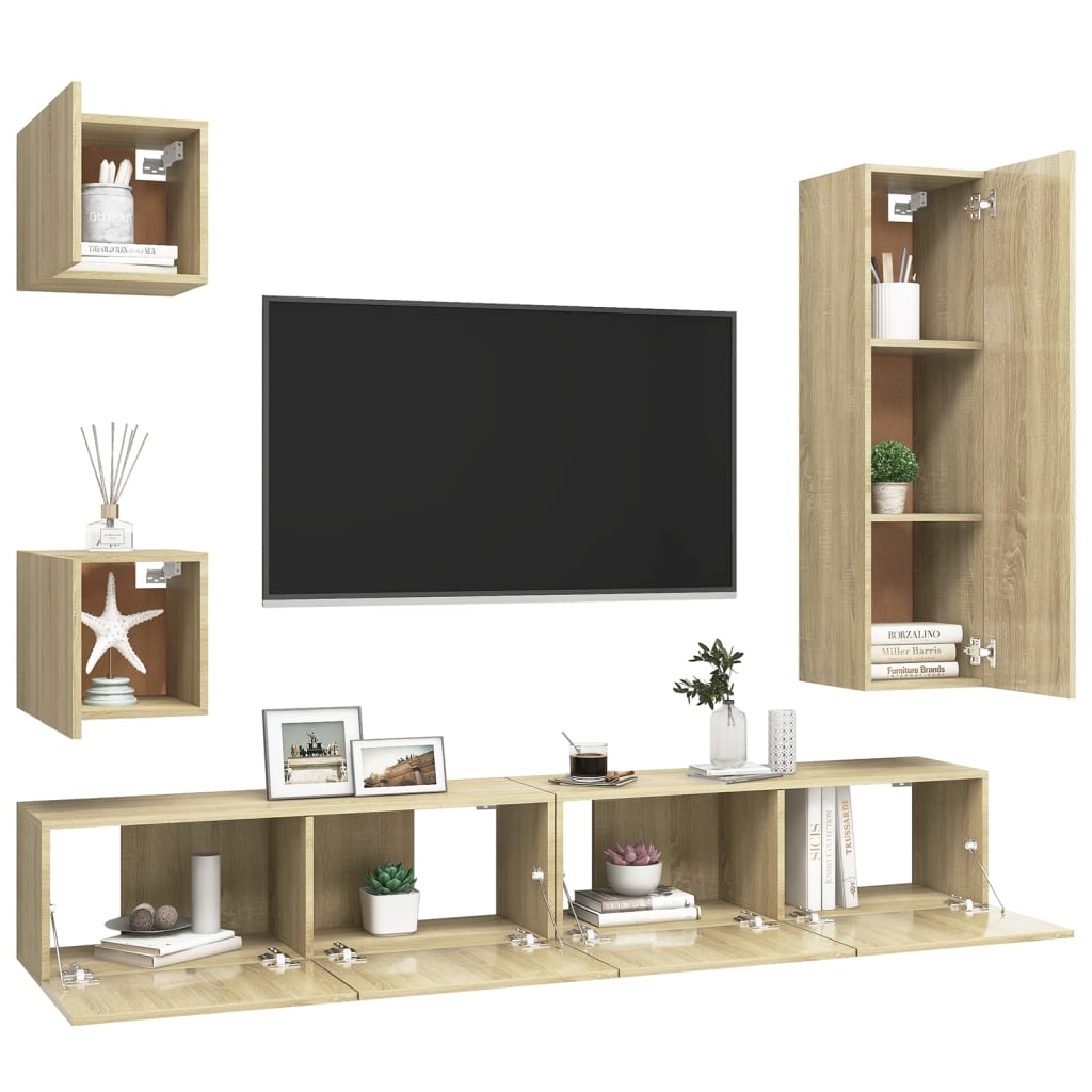 5-delige Tv-meubelset bewerkt hout sonoma eikenkleurig is nu te koop bij PeponiXL, paradijselijk wonen!