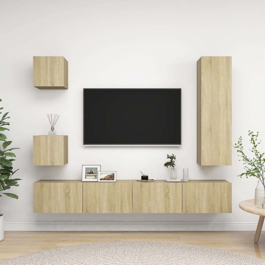 5-delige Tv-meubelset bewerkt hout sonoma eikenkleurig is nu te koop bij PeponiXL, paradijselijk wonen!