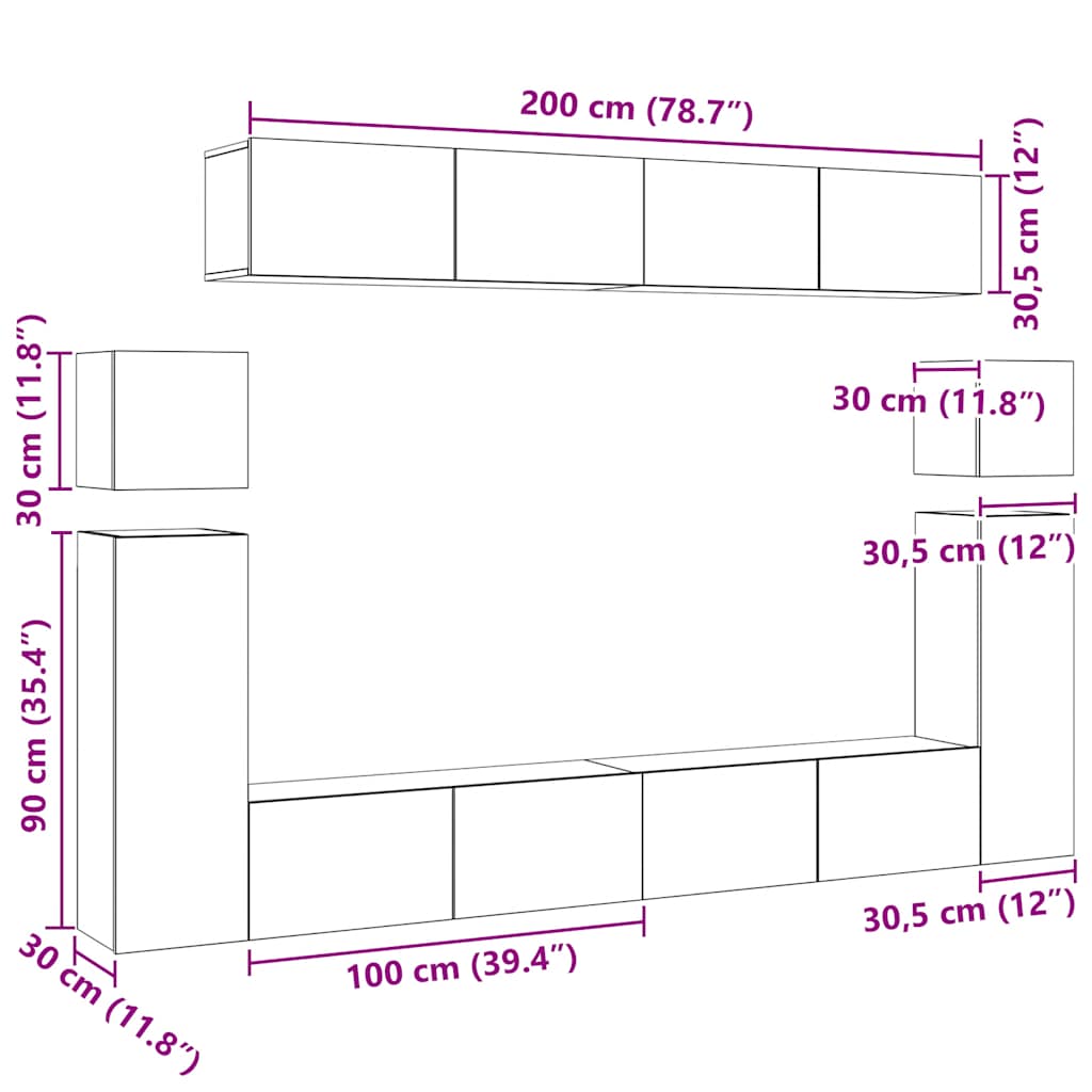 8-delige Tv-meubelset bewerkt hout sonoma eikenkleurig is nu te koop bij PeponiXL, paradijselijk wonen!