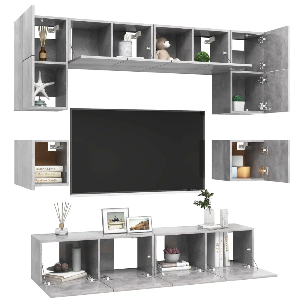 8-delige Tv-meubelset bewerkt hout betongrijs is nu te koop bij PeponiXL, paradijselijk wonen!