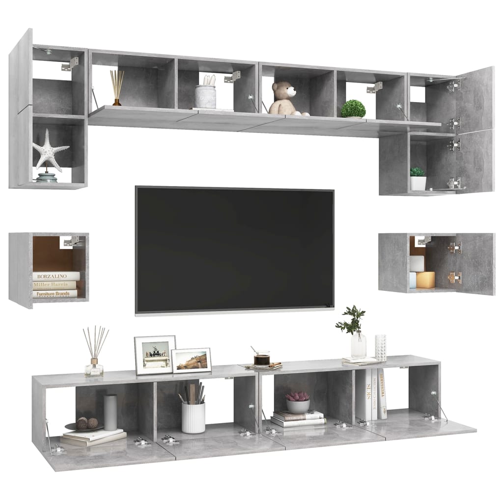 8-delige Tv-meubelset bewerkt hout betongrijs is nu te koop bij PeponiXL, paradijselijk wonen!