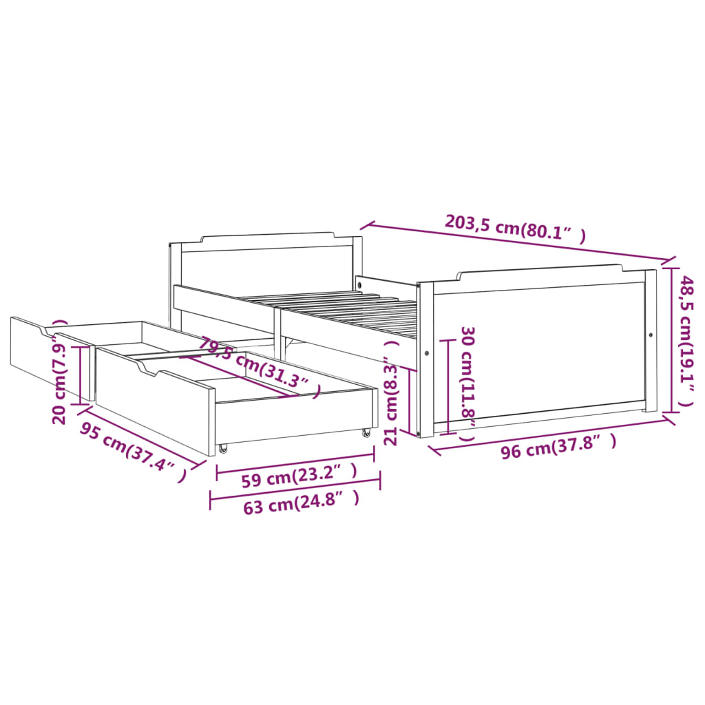 Bedframe met lades massief grenenhout 90x200 cm is nu te koop bij PeponiXL, paradijselijk wonen!