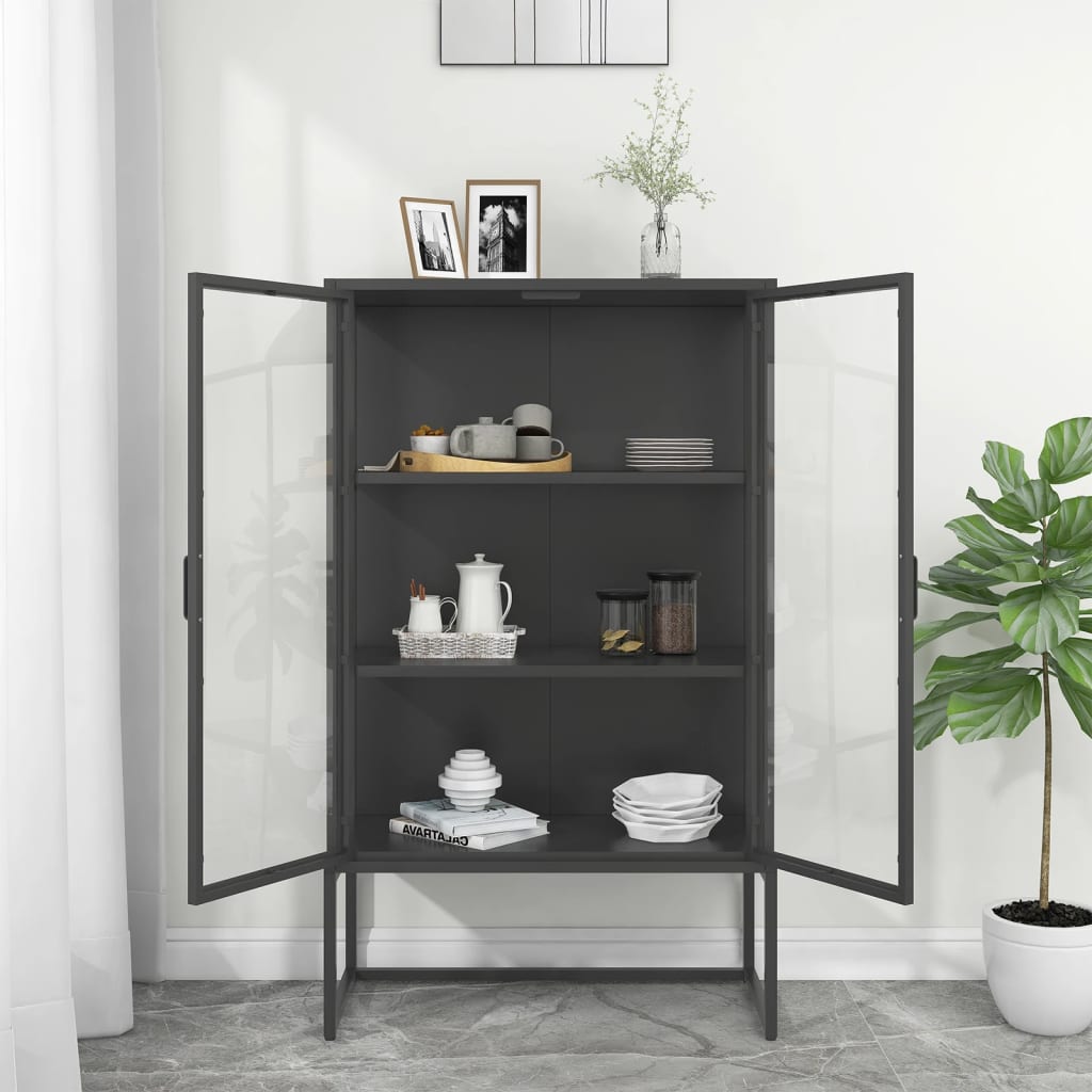 Hoge kast 80x35x135 cm staal en gehard glas antracietkleurig is nu te koop bij PeponiXL, paradijselijk wonen!