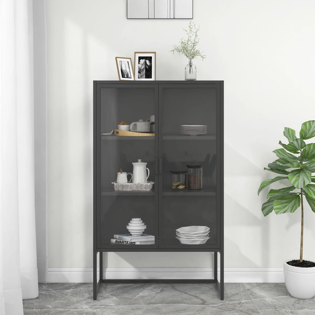 Hoge kast 80x35x135 cm staal en gehard glas antracietkleurig is nu te koop bij PeponiXL, paradijselijk wonen!