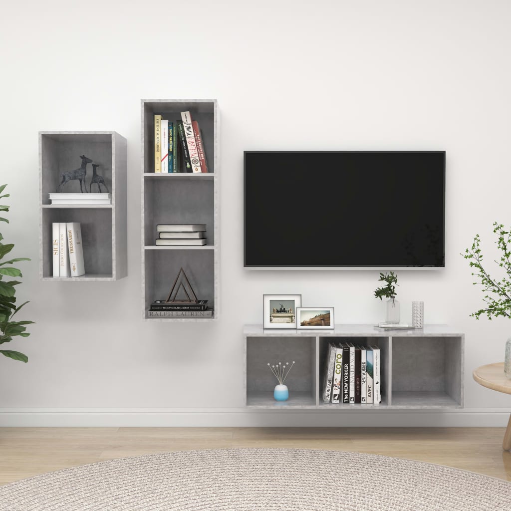 3-delige Tv-meubelset spaanplaat betongrijs is nu te koop bij PeponiXL, paradijselijk wonen!