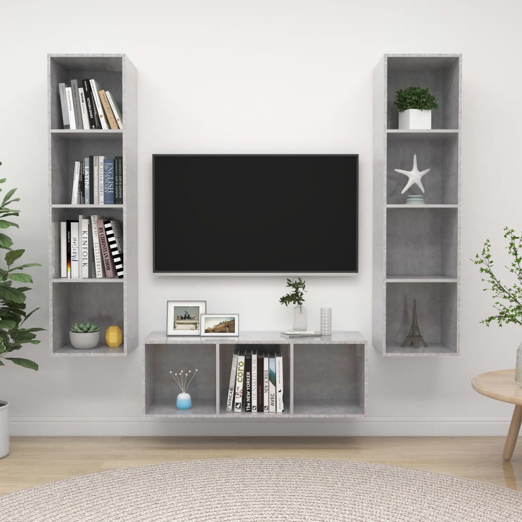 3-delige Tv-meubelset spaanplaat betongrijs is nu te koop bij PeponiXL, paradijselijk wonen!