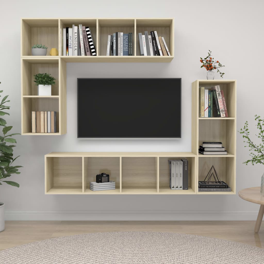 4-delige Tv-meubelset bewerkt hout sonoma eikenkleurig is nu te koop bij PeponiXL, paradijselijk wonen!