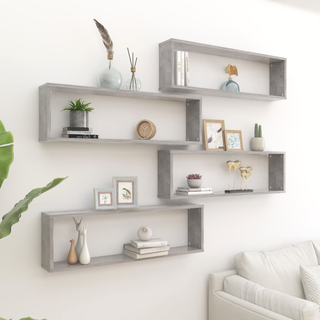Wandschappen kubus 4 st 100x15x30 cm bewerkt hout betongrijs is nu te koop bij PeponiXL, paradijselijk wonen!