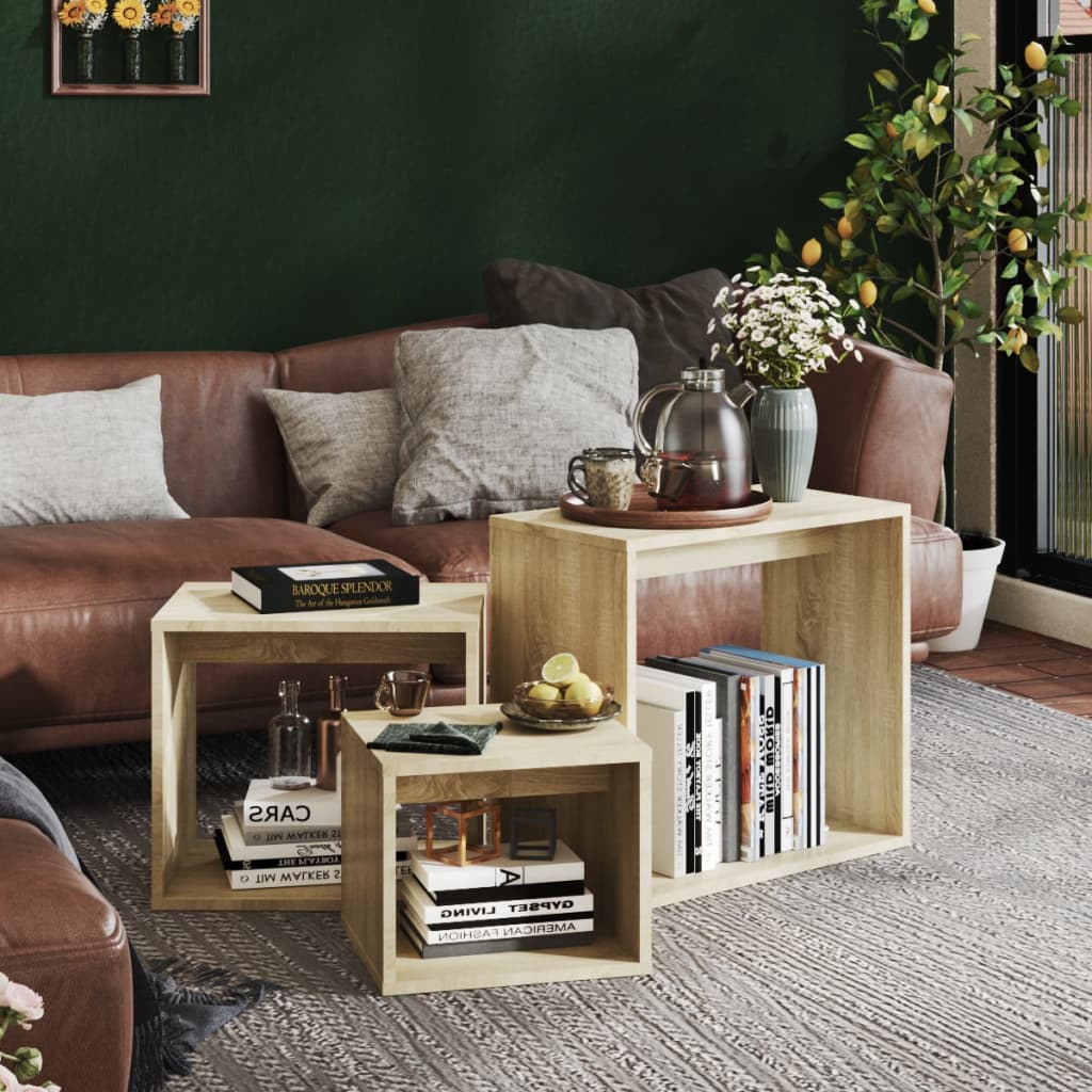3-delige Tafeltjesset spaanplaat sonoma eikenkleurig is nu te koop bij PeponiXL, paradijselijk wonen!