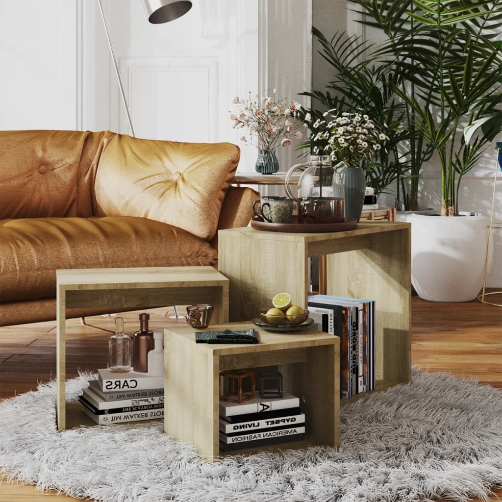 3-delige Tafeltjesset spaanplaat sonoma eikenkleurig is nu te koop bij PeponiXL, paradijselijk wonen!