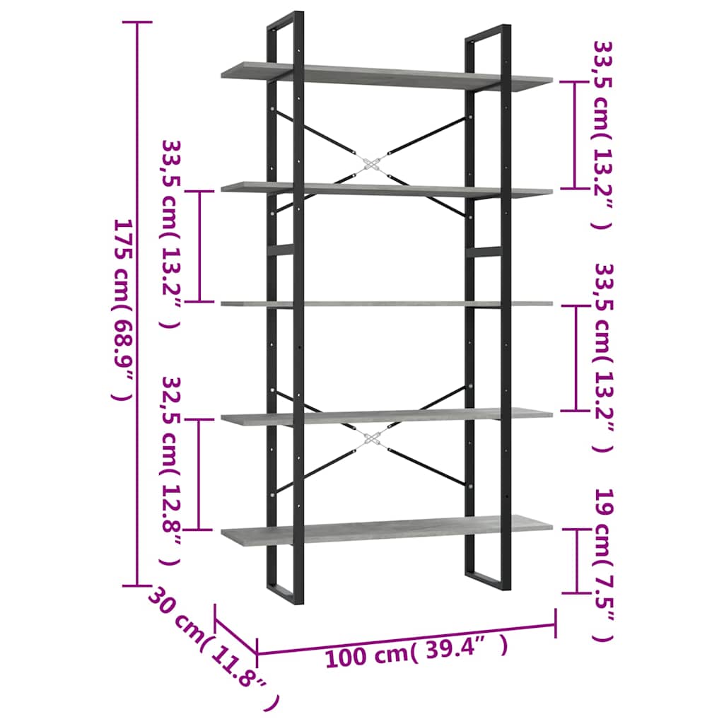 Boekenkast met 5 schappen 100x30x175 cm bewerkt hout betongrijs is nu te koop bij PeponiXL, paradijselijk wonen!