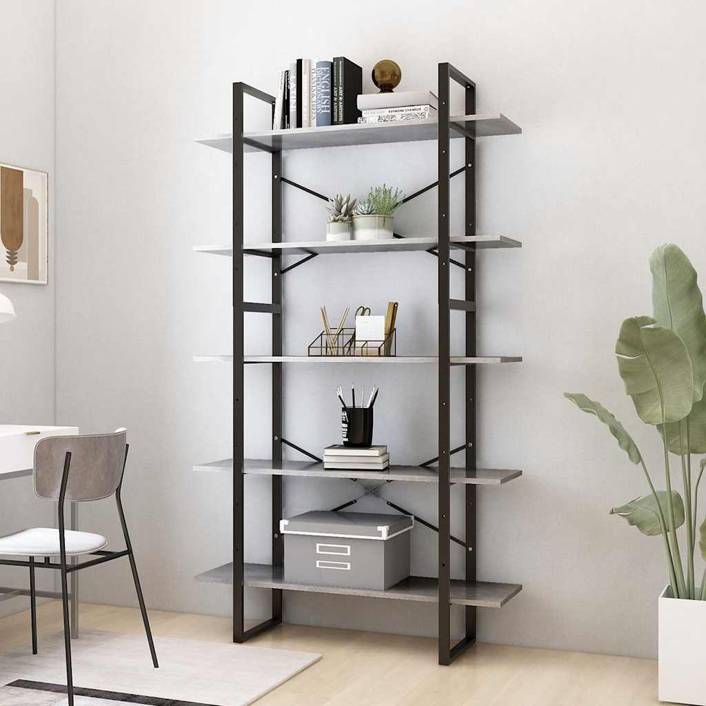 Boekenkast met 5 schappen 100x30x175 cm bewerkt hout betongrijs is nu te koop bij PeponiXL, paradijselijk wonen!