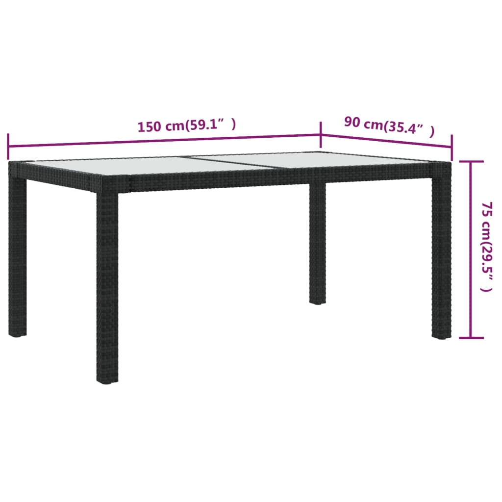 Tuintafel 150x90x75 cm gehard glas en poly rattan zwart is nu te koop bij PeponiXL, paradijselijk wonen!